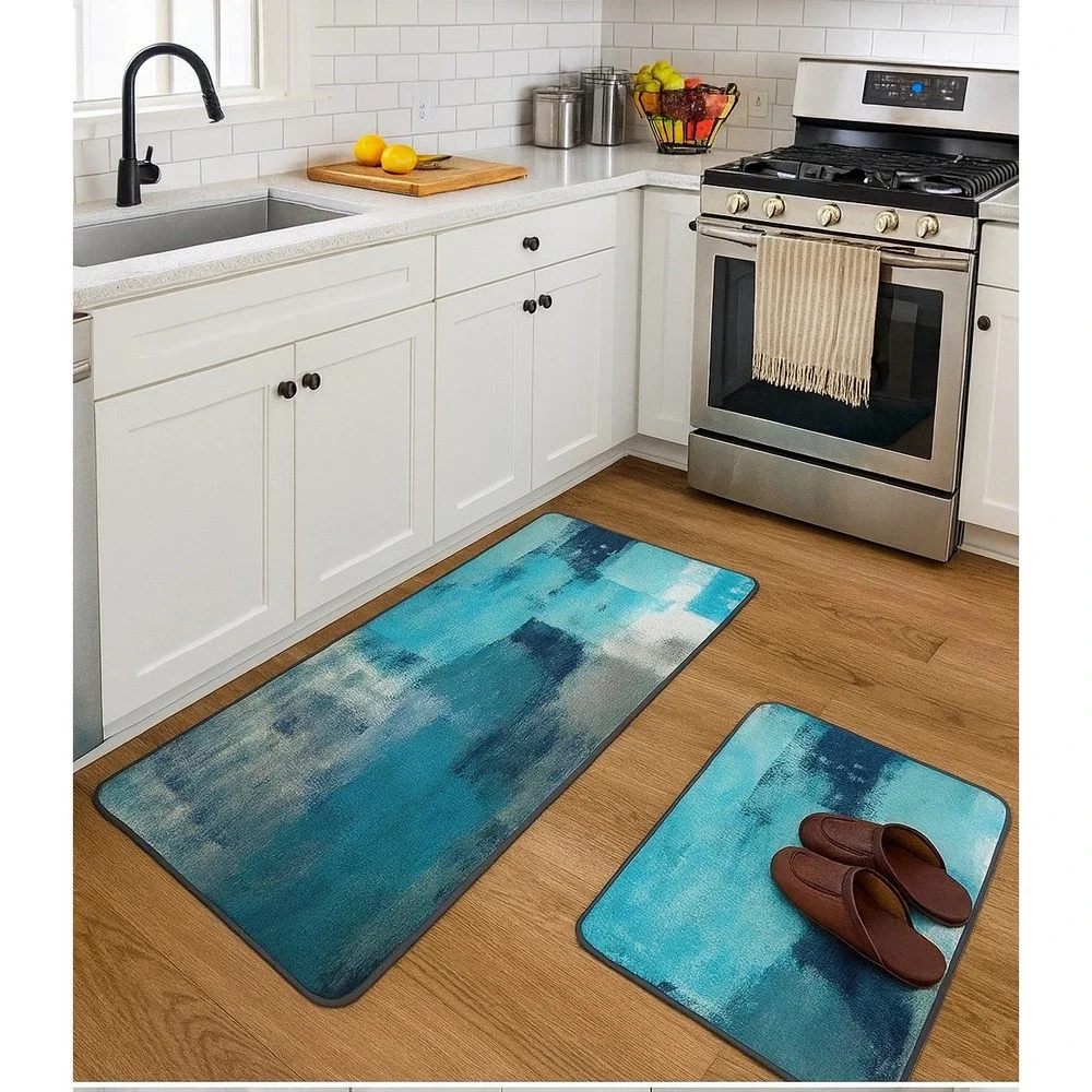 2PC Turquoise Kitchen Rug Set Non Slip Abstract Mats 17x48 17x24